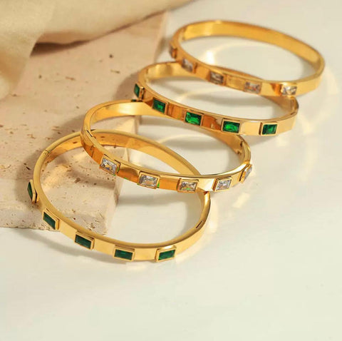 High quality 18K Gold Plated Stainless Steel Jewelry Square Green Zircon Crystal Bracelets