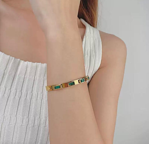 High quality 18K Gold Plated Stainless Steel Jewelry Square Green Zircon Crystal Bracelets